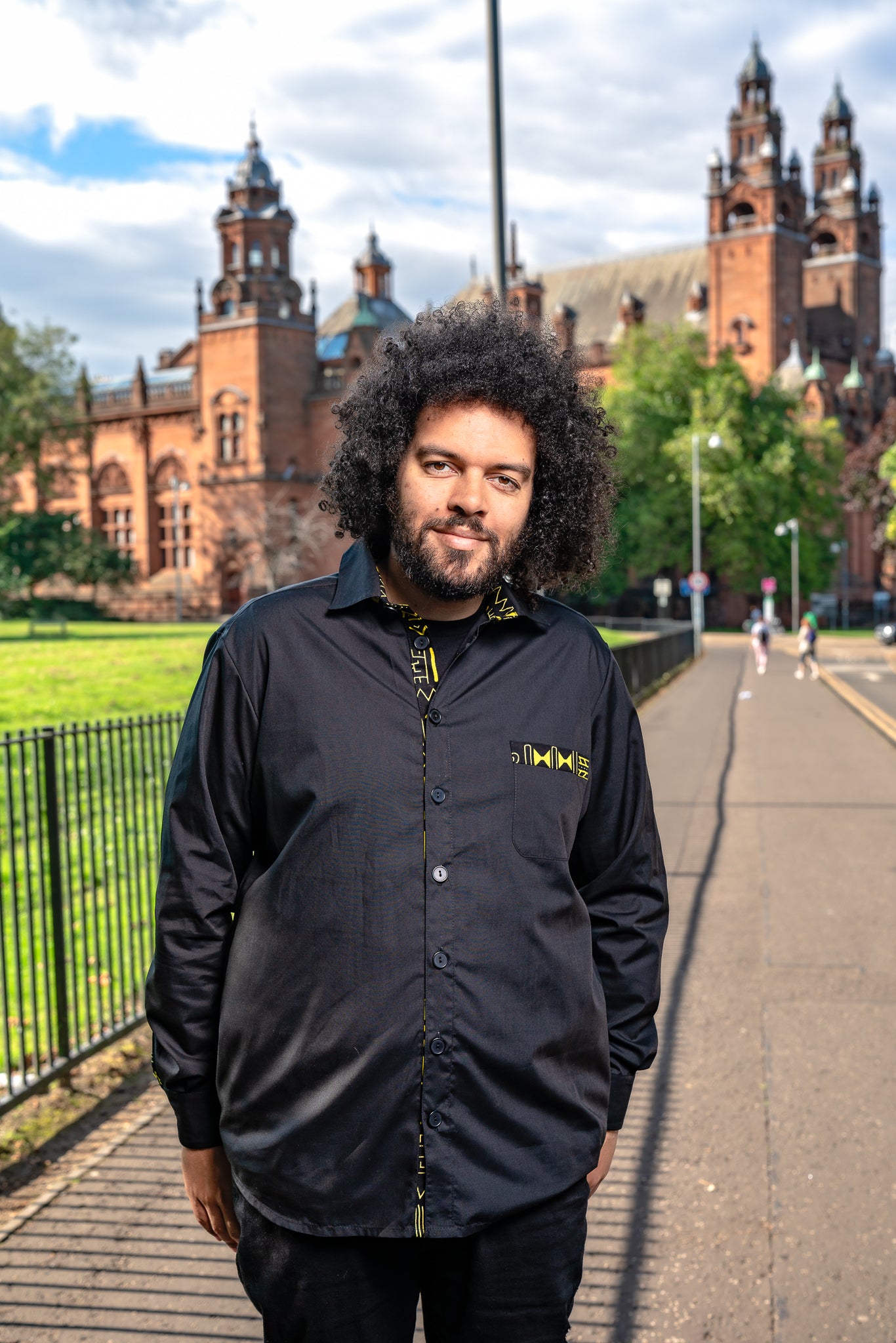 Yellow on black tribal abstract print shirt