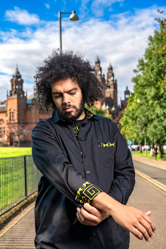 Yellow on black tribal abstract print shirt
