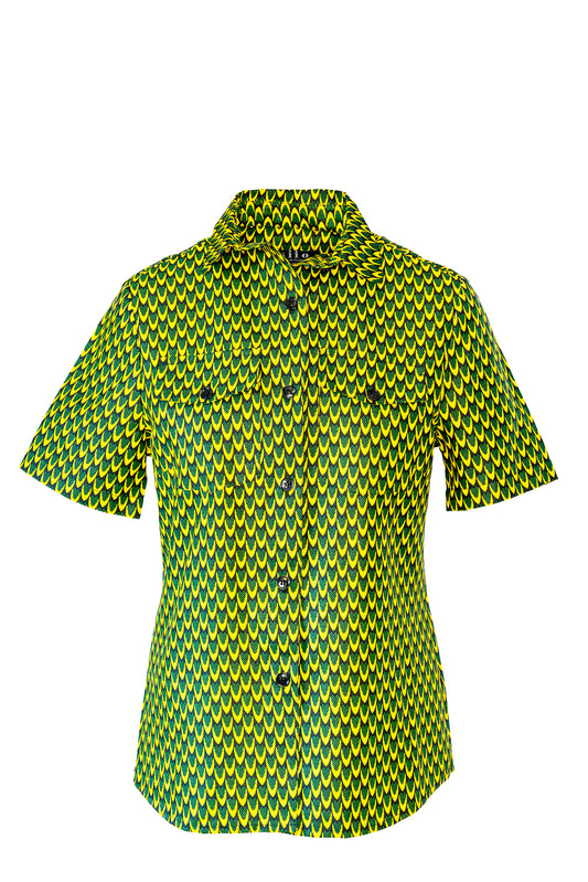 Cotton print short sleeve shirt -Yellow and green