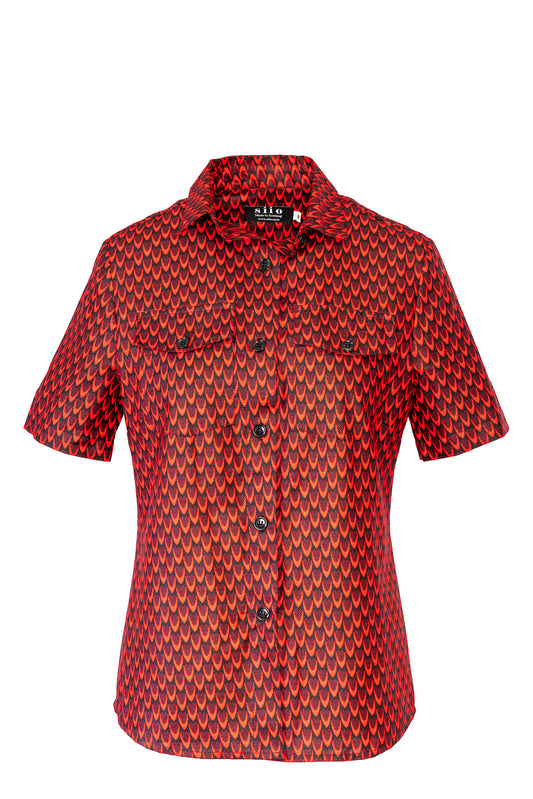 Cotton print short sleeve shirt -red and black